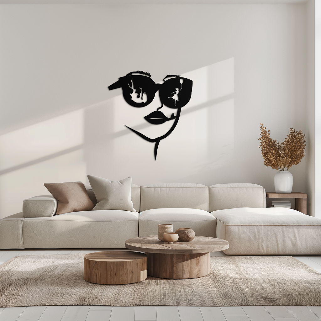 Modern Woman Face with Sunglasses Metal Wall Art – Abstract Reflective Scene Black Steel Decor for Contemporary Interiors- KAF460