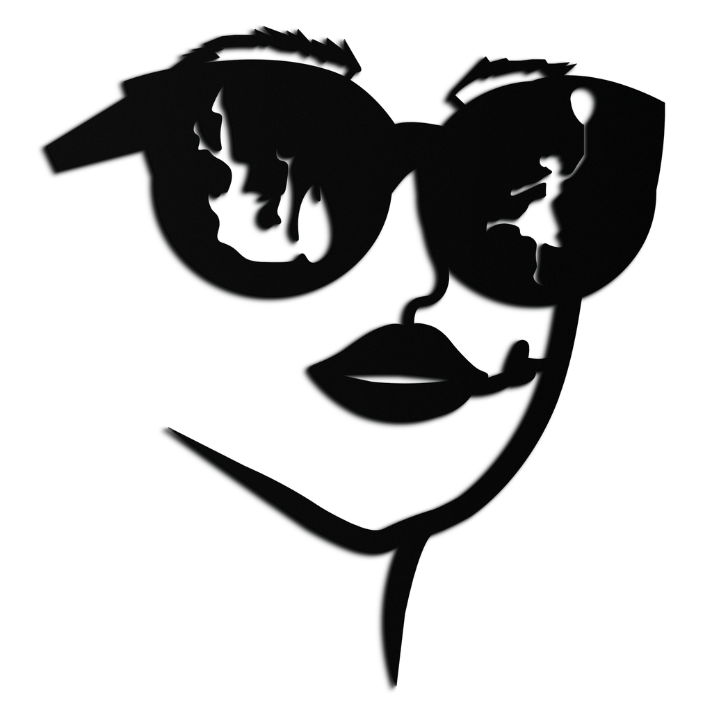 Modern Woman Face with Sunglasses Metal Wall Art – Abstract Reflective Scene Black Steel Decor for Contemporary Interiors- KAF460