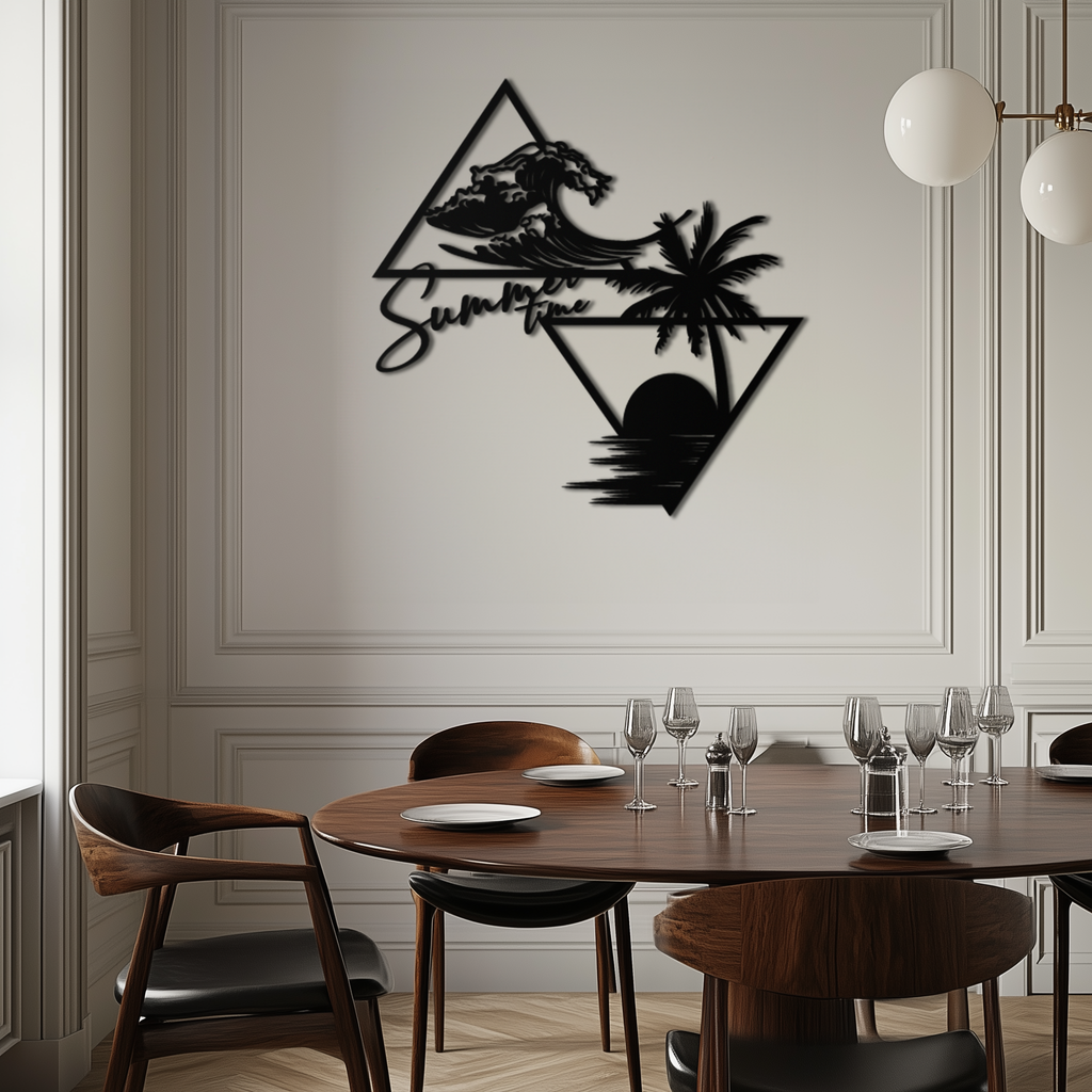 Summer Time Beach Scene Metal Wall Art – Tropical Ocean Waves and Palm Tree Black Steel Decor for Coastal Interiors- KAF461