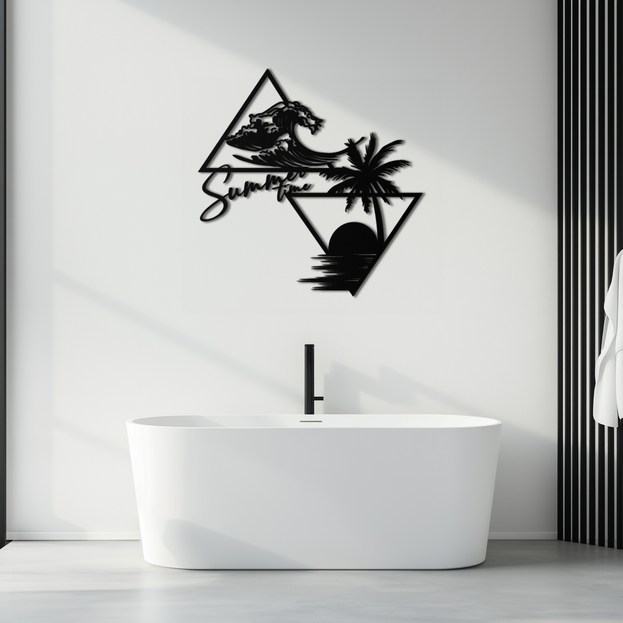Summer Time Beach Scene Metal Wall Art – Tropical Ocean Waves and Palm Tree Black Steel Decor for Coastal Interiors- KAF461