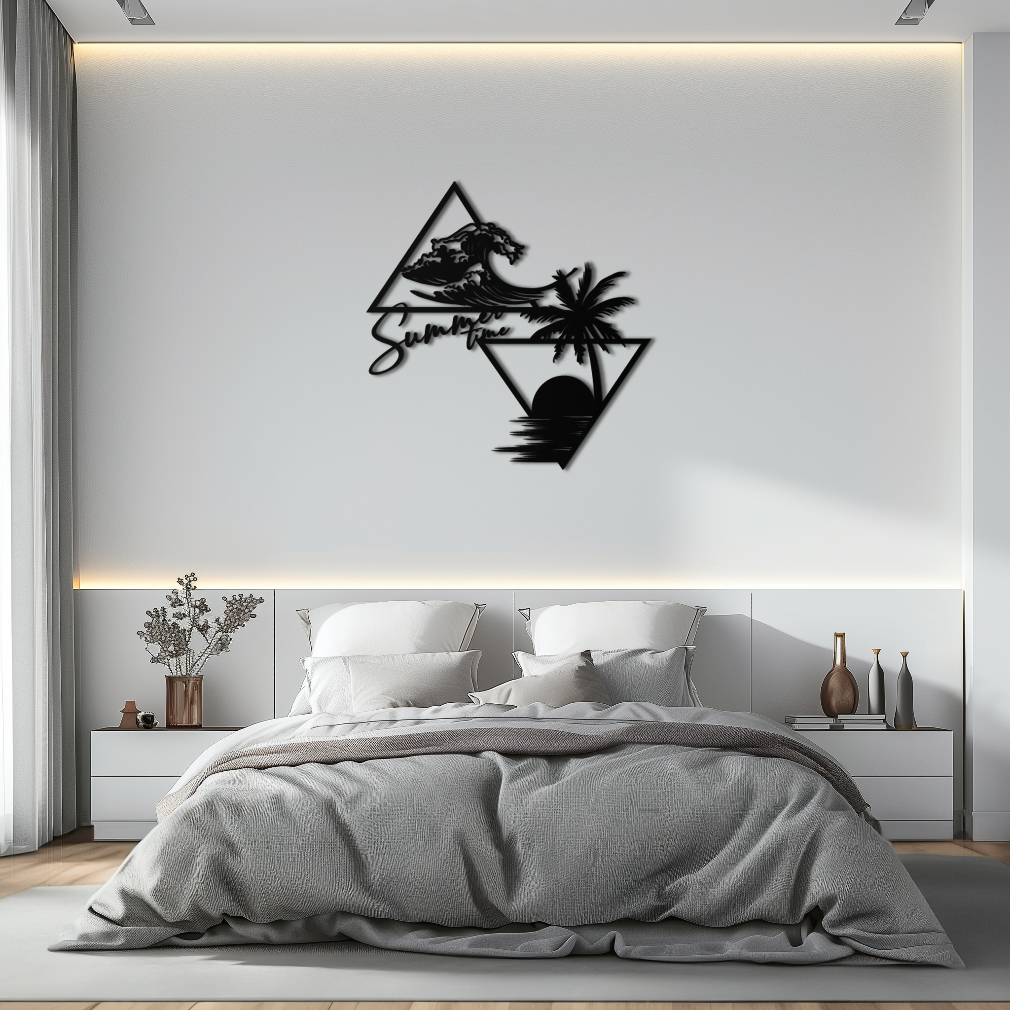 Summer Time Beach Scene Metal Wall Art – Tropical Ocean Waves and Palm Tree Black Steel Decor for Coastal Interiors- KAF461