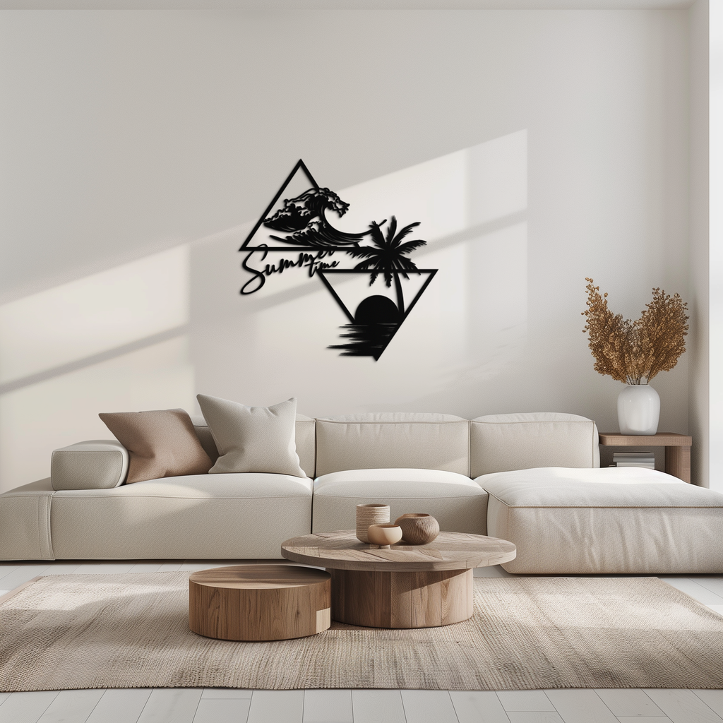 Summer Time Beach Scene Metal Wall Art – Tropical Ocean Waves and Palm Tree Black Steel Decor for Coastal Interiors- KAF461