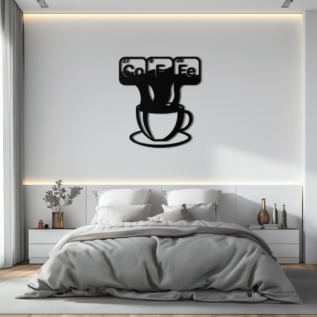 Coffee Elements Chemistry Metal Wall Art – Scientific Coffee Cup Black Steel Decor for Kitchens, Cafés, and Offices- KAF462