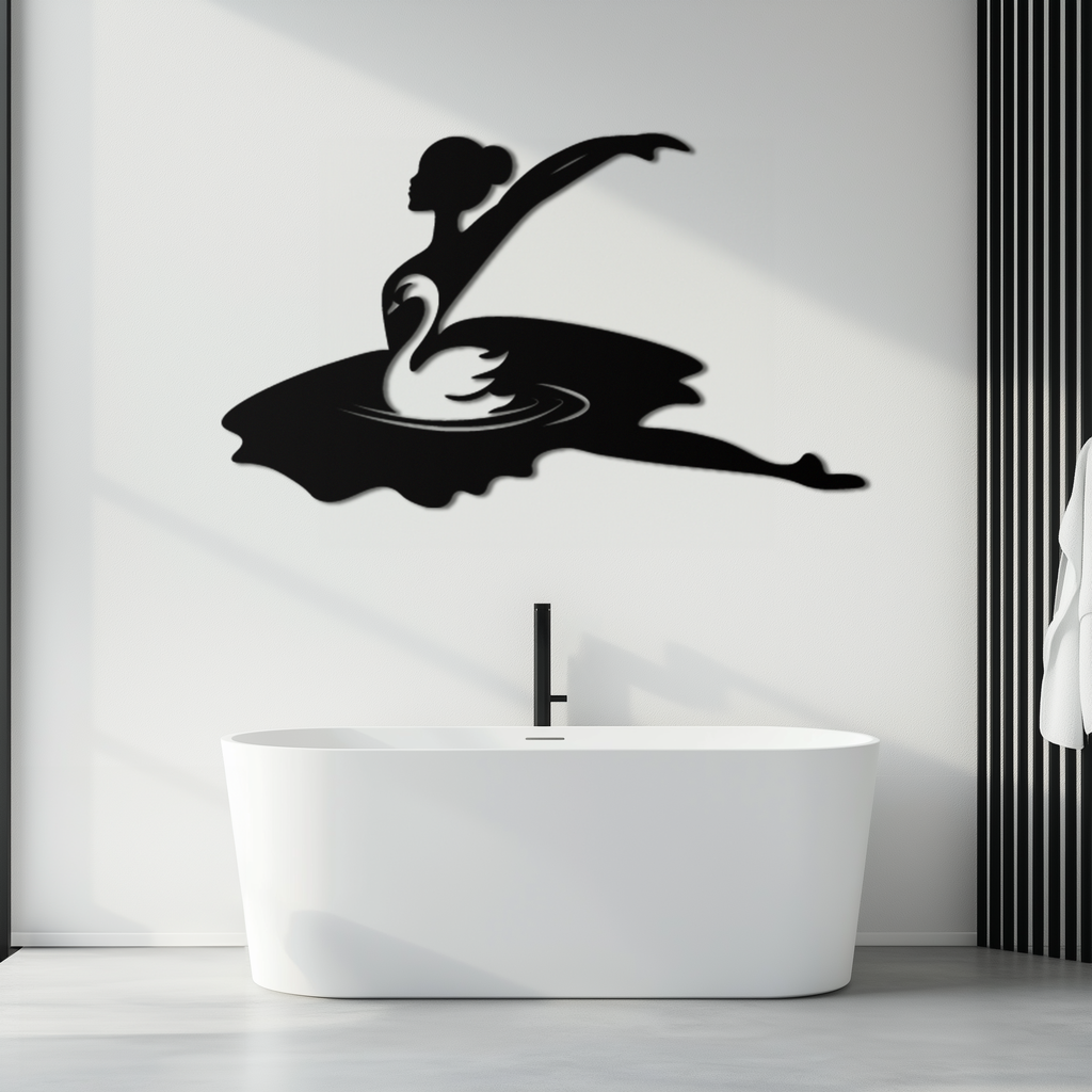 Ballet Dancer with Swan Silhouette Metal Wall Art – Elegant Black Steel Decor for Ballet Studios, Bedrooms, and Living Spaces- KAF466