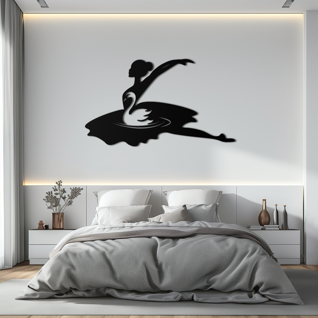 Ballet Dancer with Swan Silhouette Metal Wall Art – Elegant Black Steel Decor for Ballet Studios, Bedrooms, and Living Spaces- KAF466