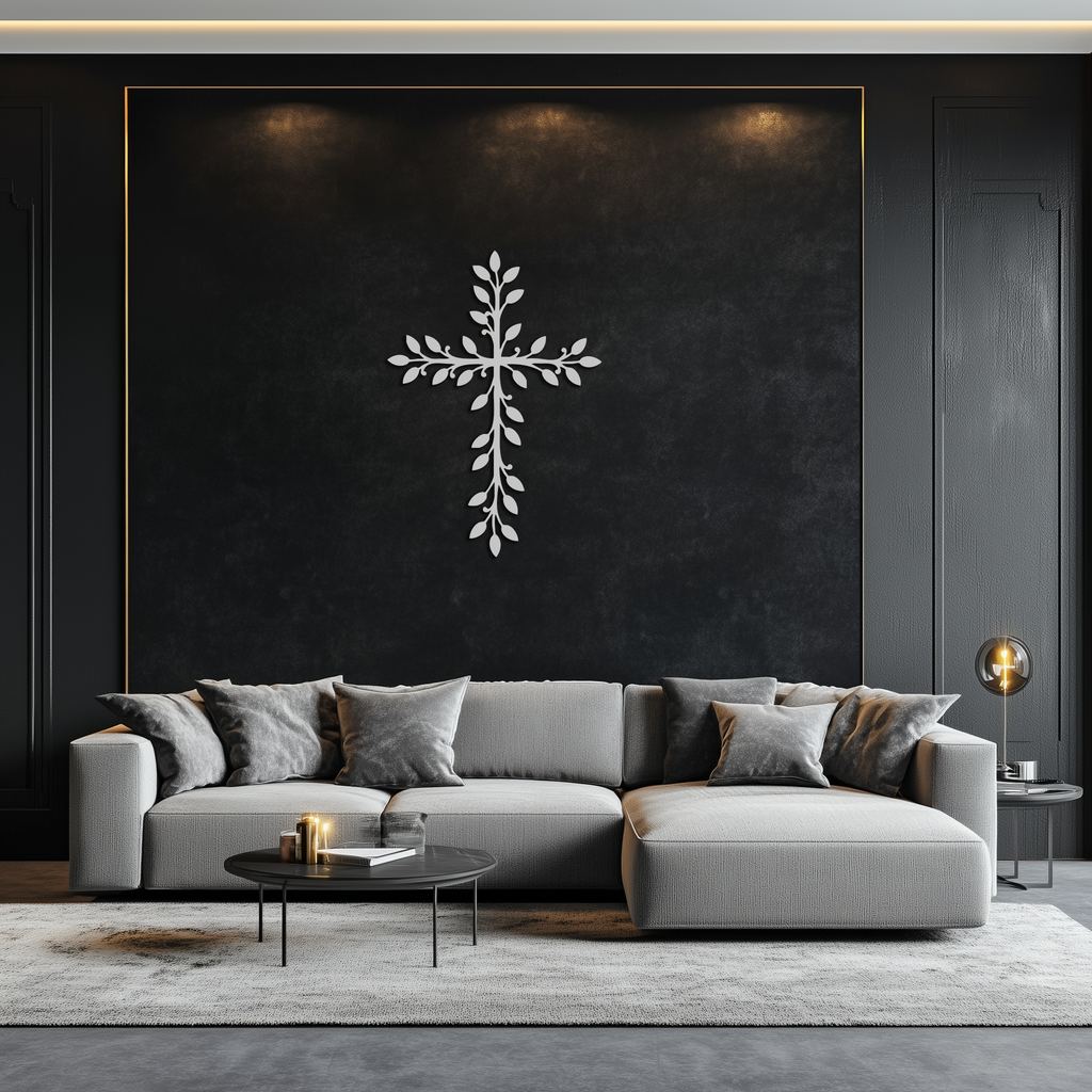 Leaf Cross Metal Wall Art - Elegant Botanical Christian Home Decor- KAF482
