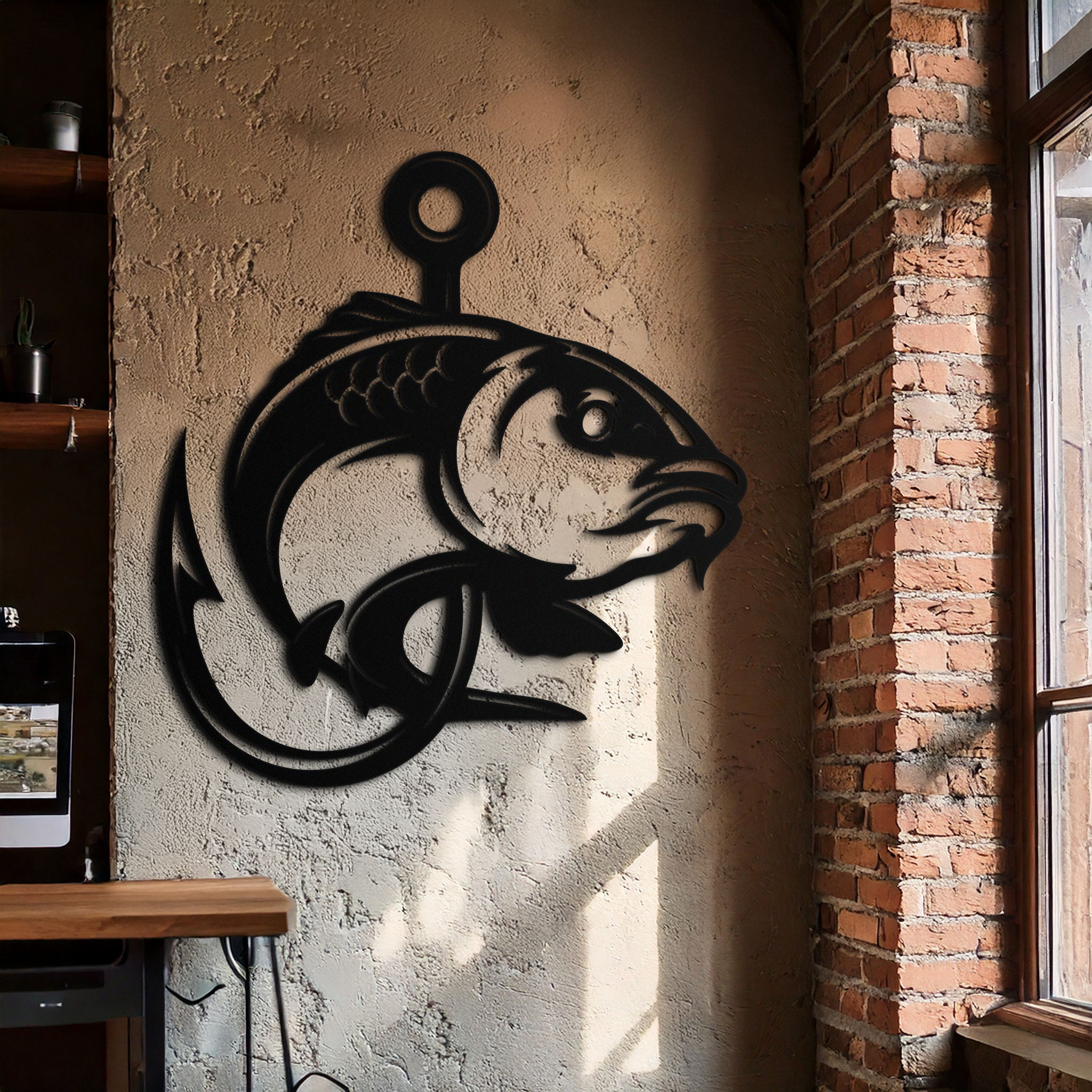 Fishing Hook and Fish Silhouette Metal Wall Art – Black Steel Angler’s Home Decor- KAF495