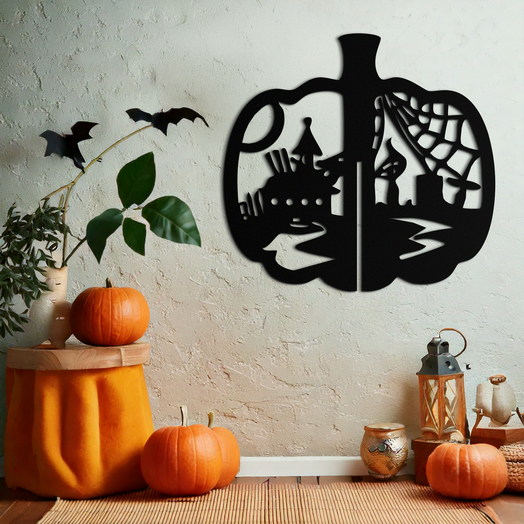 Halloween Pumpkin Metal Wall Art – Spooky Black Steel Halloween Decor- KAF498