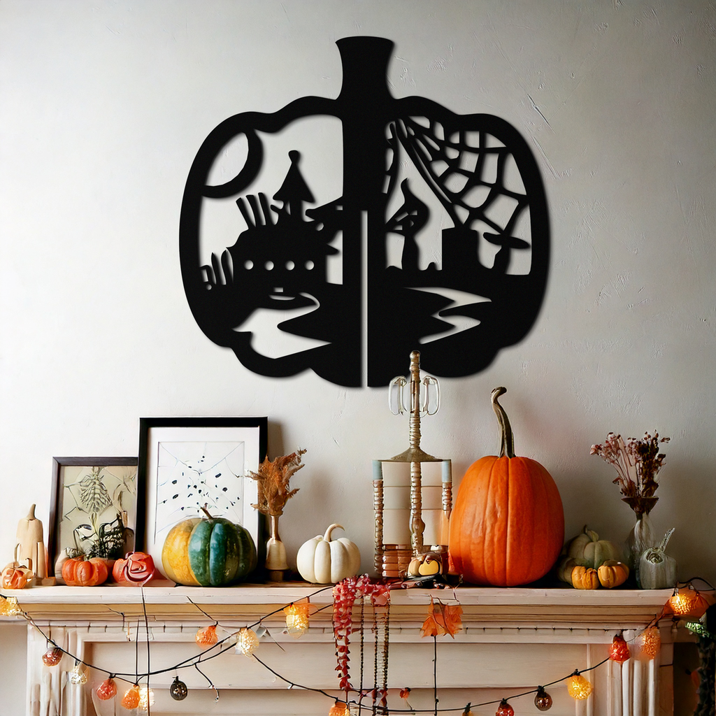 Halloween Pumpkin Metal Wall Art – Spooky Black Steel Halloween Decor- KAF498