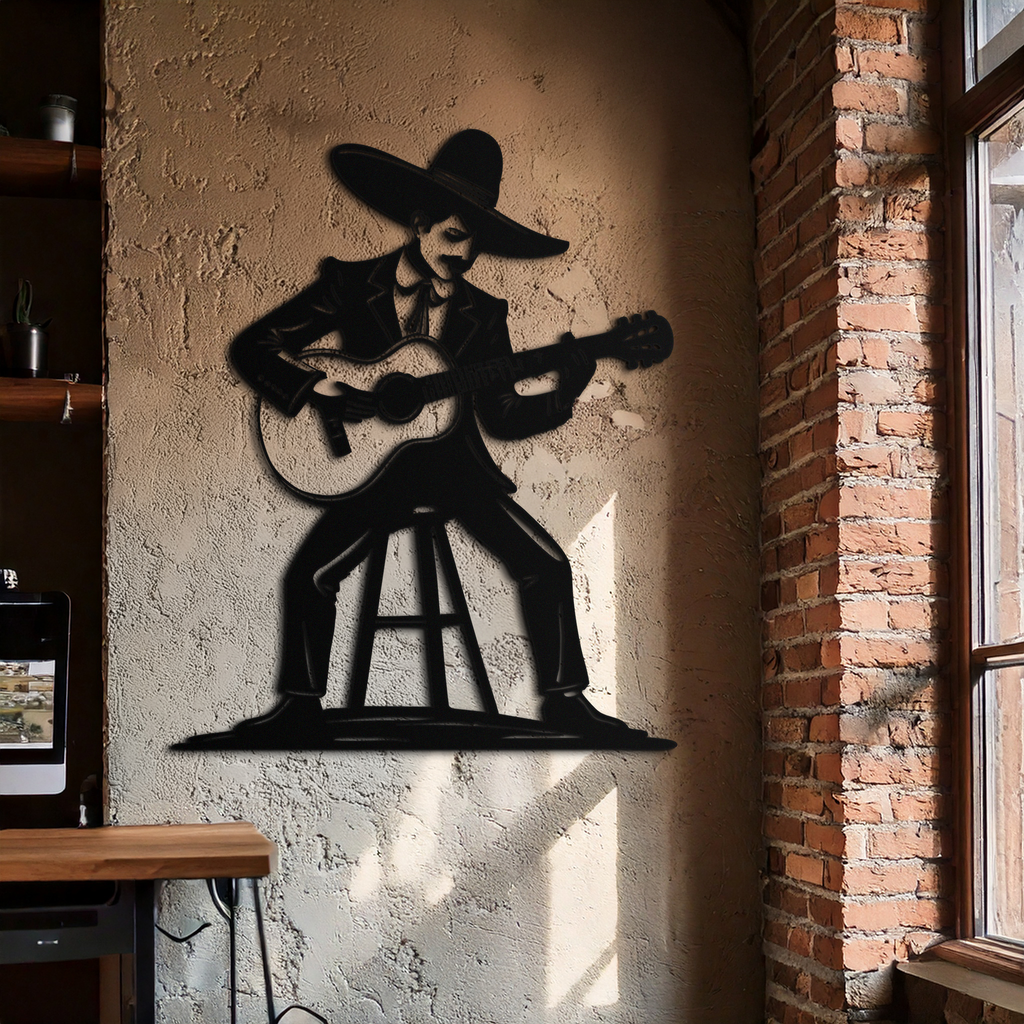 Mexican Musician Metal Wall Art – Black Steel Guitarist Day of the Dead Decor- KAF510