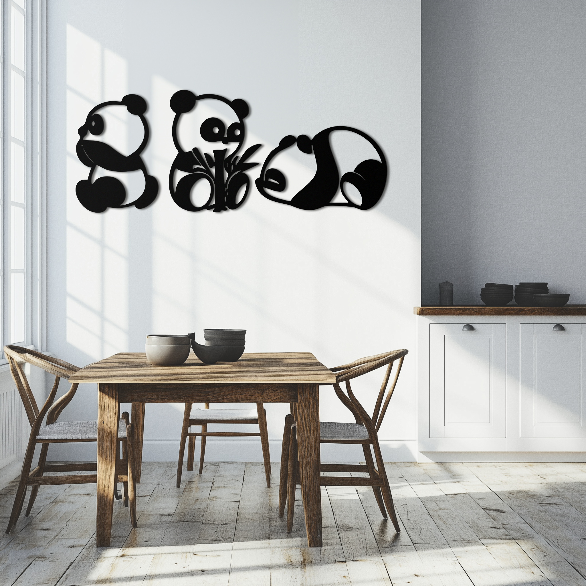 Cute Panda Trio Metal Wall Art – Black Steel Playful Animal Nursery Decor- KAF515