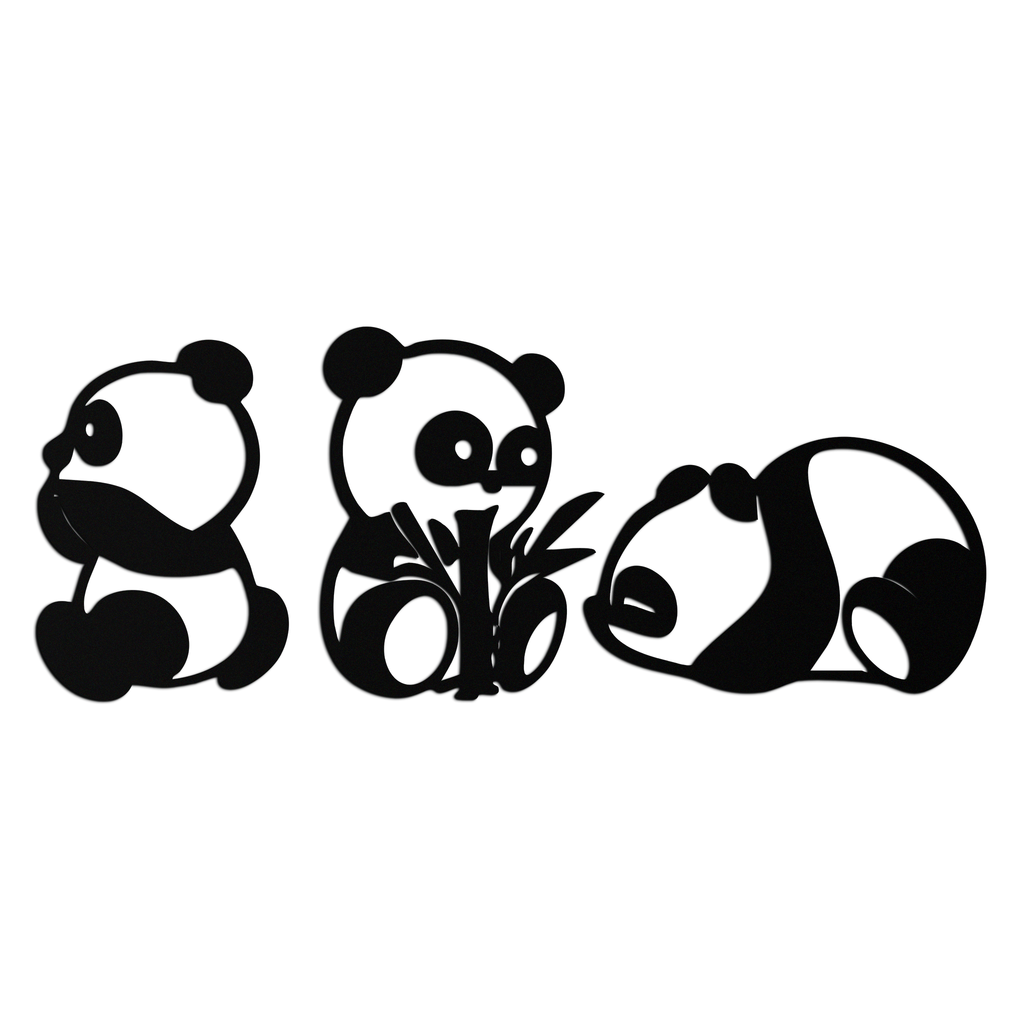Cute Panda Trio Metal Wall Art – Black Steel Playful Animal Nursery Decor- KAF515