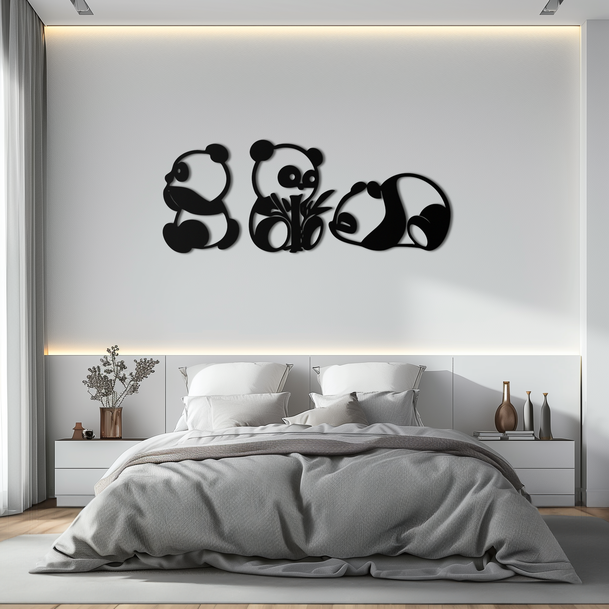 Cute Panda Trio Metal Wall Art – Black Steel Playful Animal Nursery Decor- KAF515
