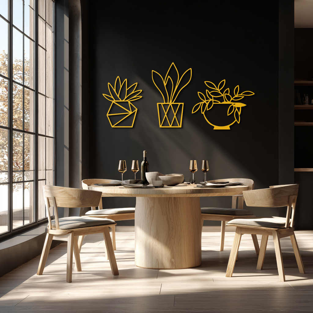 Geometric Plant Silhouette Metal Wall Art – Modern Black Botanical Home Decor- KAF519