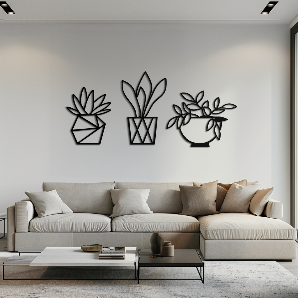 Geometric Plant Silhouette Metal Wall Art – Modern Black Botanical Home Decor- KAF519