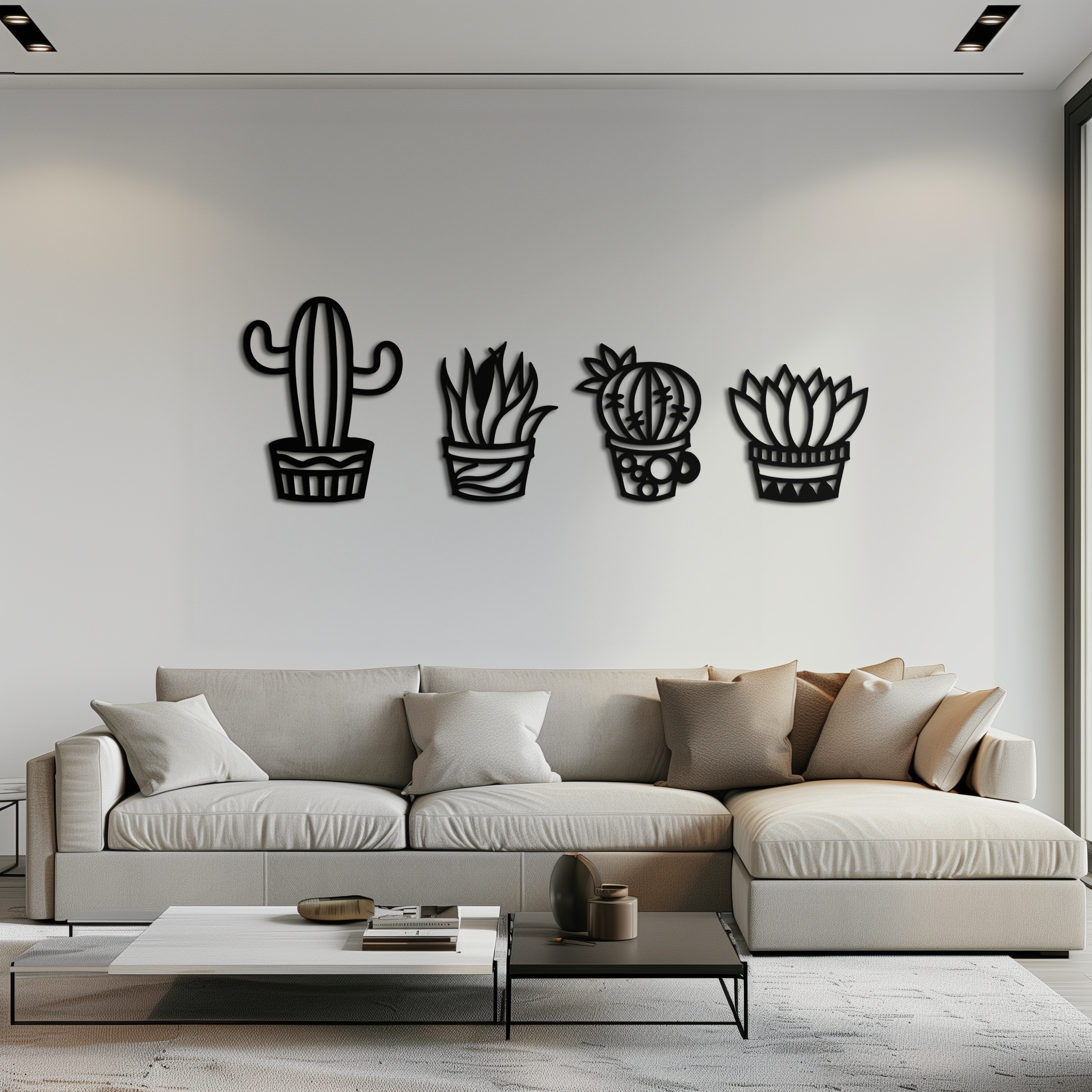 Cactus Silhouette Metal Wall Art – Modern Black Botanical Garden Decor- KAF520