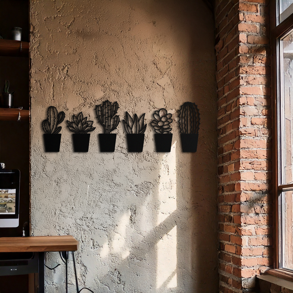 Cactus Succulent Plant Metal Wall Art – Modern Black Botanical Home Decor- KAF521