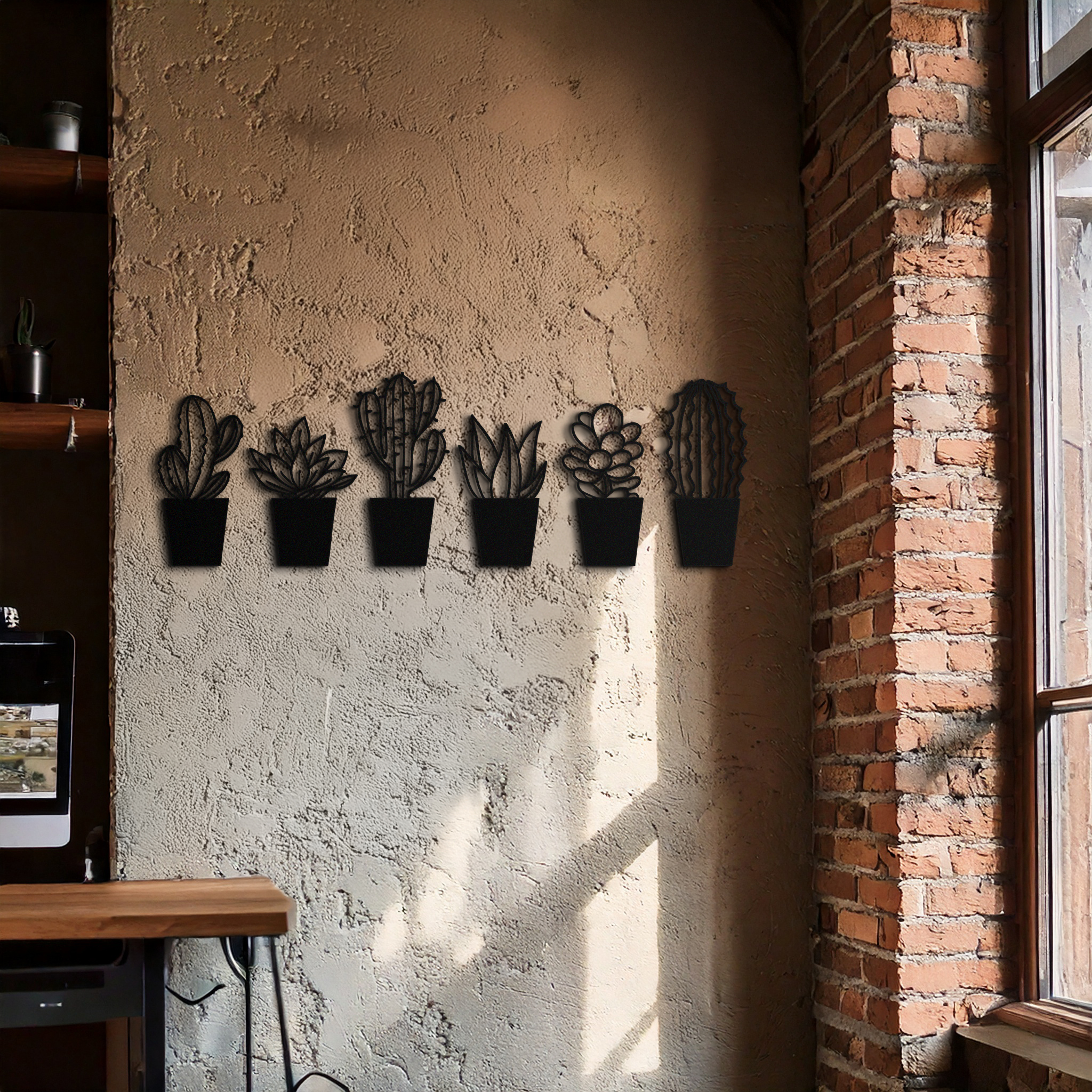 Cactus Succulent Plant Metal Wall Art – Modern Black Botanical Home Decor- KAF521