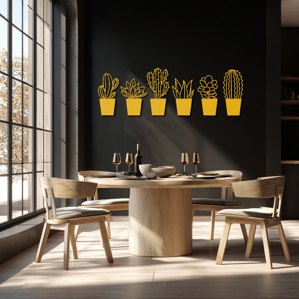 Cactus Succulent Plant Metal Wall Art – Modern Black Botanical Home Decor- KAF521
