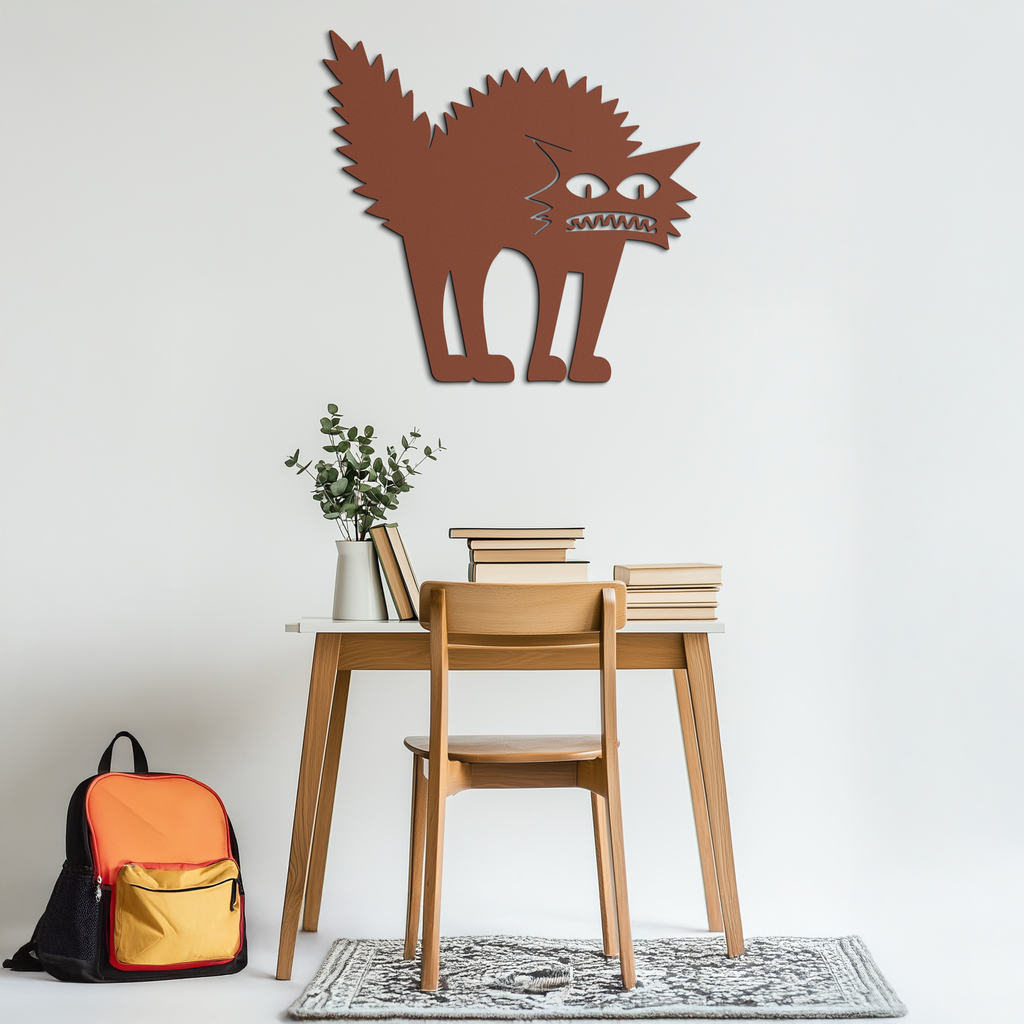 Scared Cat Silhouette Metal Wall Art – Modern Black Cat Halloween Home Decor- KAF524