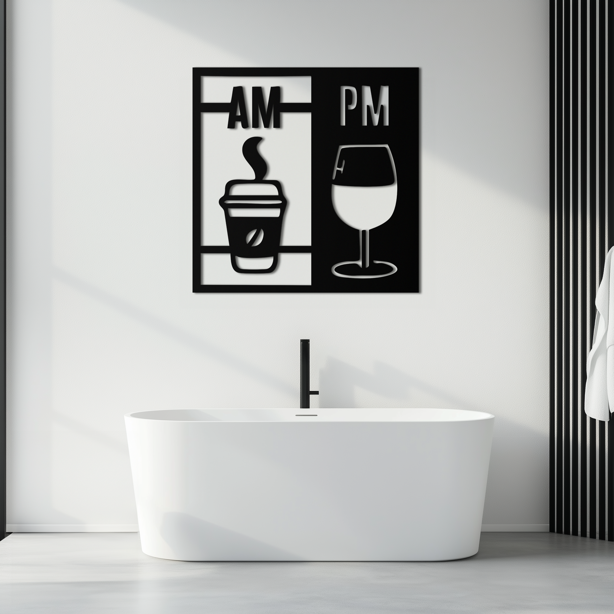 Morning Coffee and Evening Wine Metal Wall Art – AM PM Modern Black Kitchen Decor- KAF547