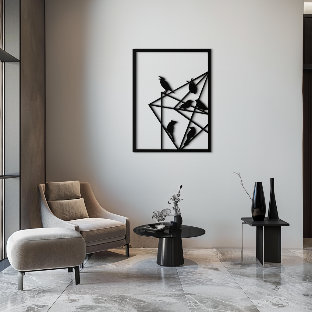 Geometric Birds Gathering Metal Wall Art – Modern Minimalist Black Wall Decor- KAF549