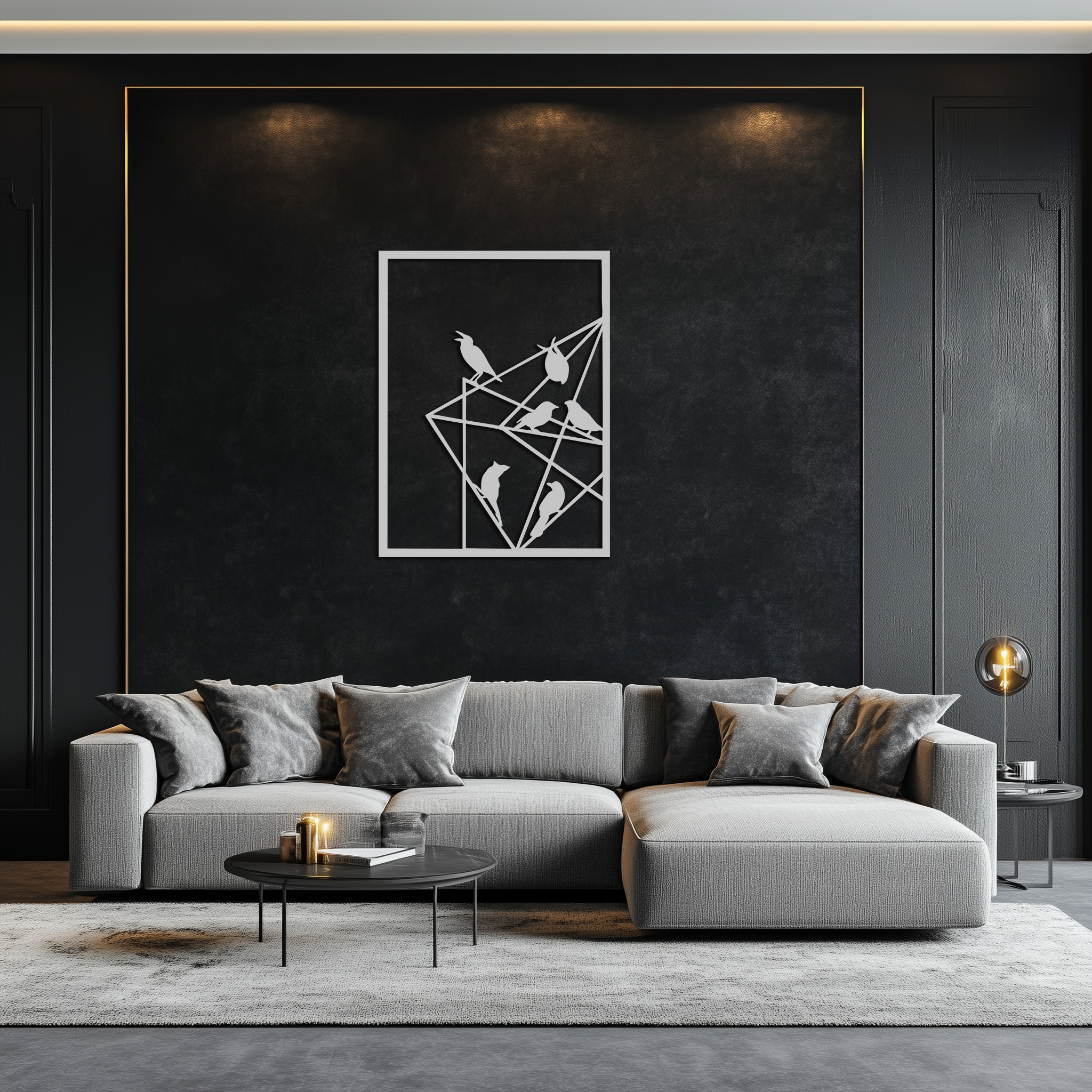Geometric Birds Gathering Metal Wall Art – Modern Minimalist Black Wall Decor- KAF549