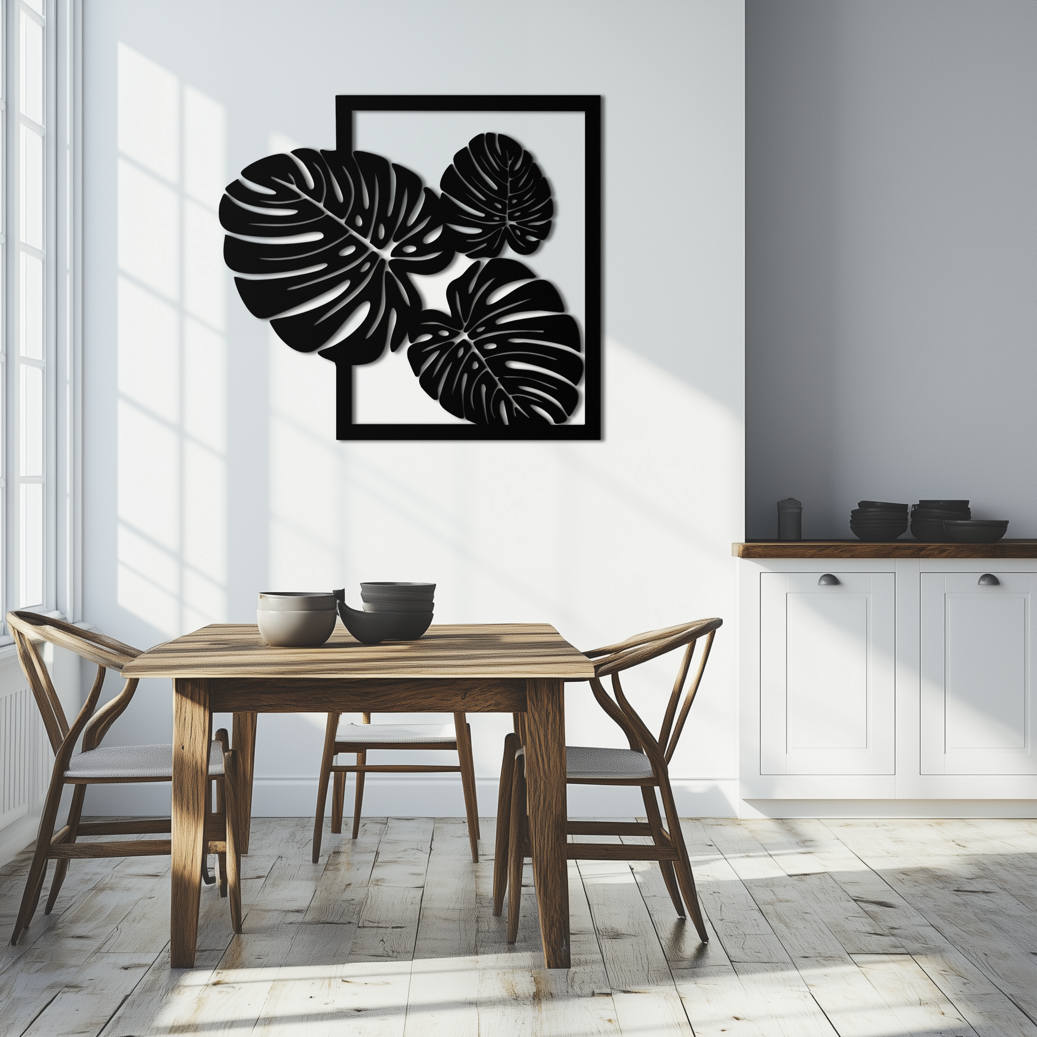 Monstera Leaf Metal Wall Art – Modern Tropical Black Wall Decor for Living Room- KAF552