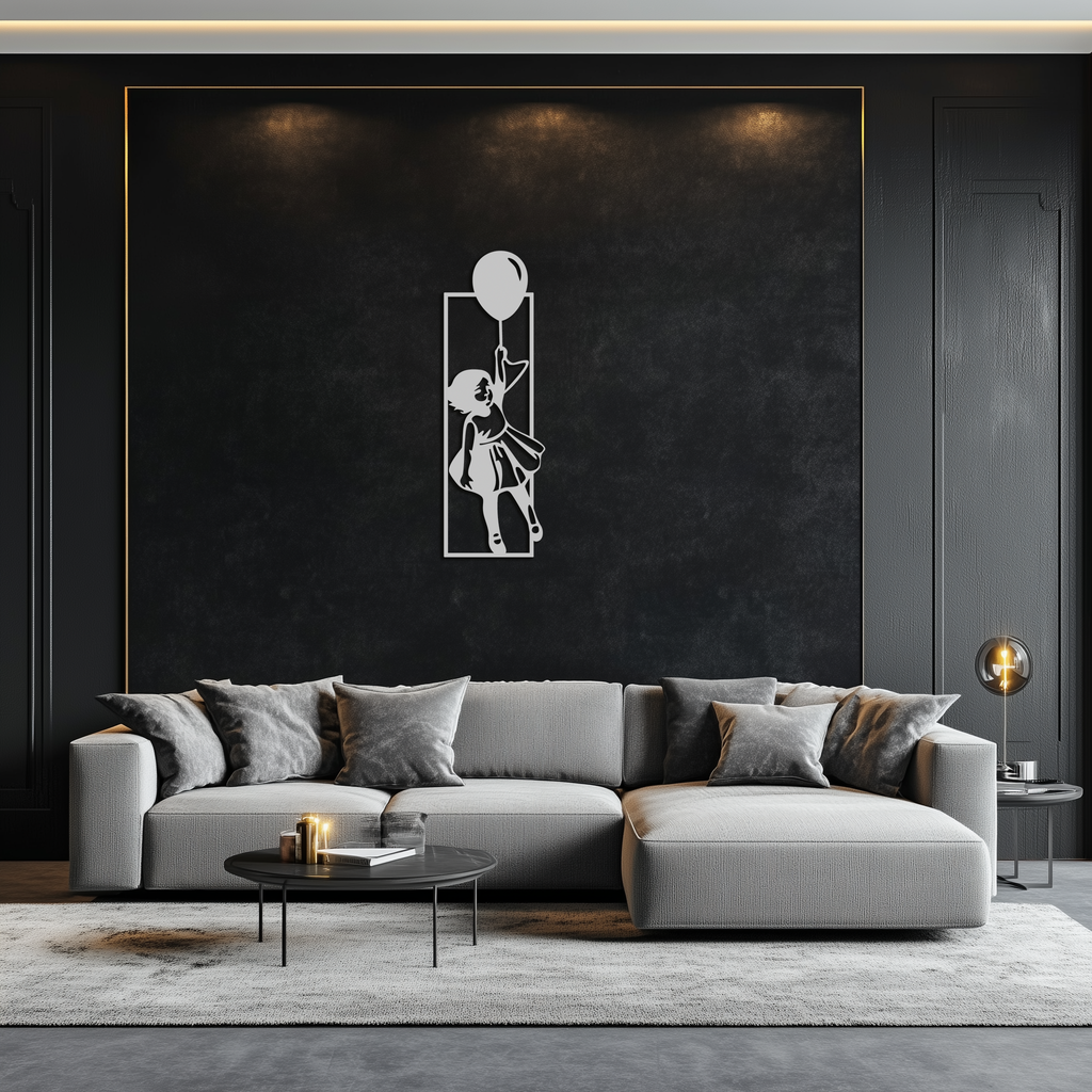 Balloon Girl Silhouette Metal Wall Art – Whimsical Modern Home Decor- KAF563