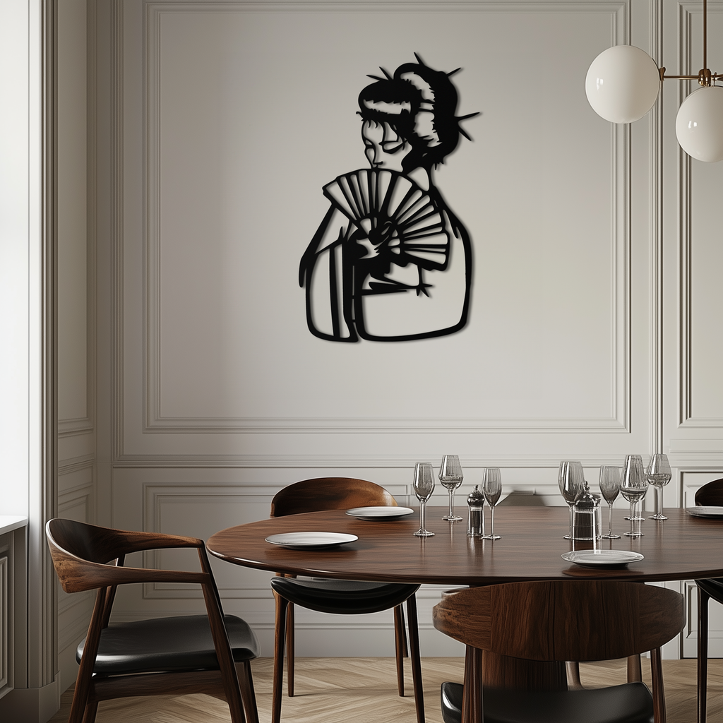 Geisha Silhouette Metal Wall Art – Japanese Woman with Fan Modern Decor- KAF568