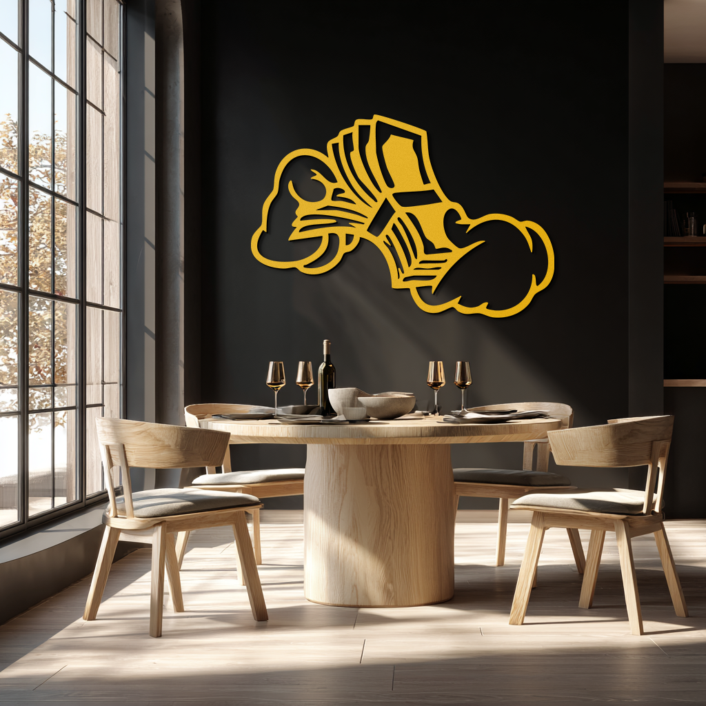 Fist Holding Money Stack Metal Wall Art – Bold Dollar Bill Hand Silhouette for Modern Spaces- KAF579