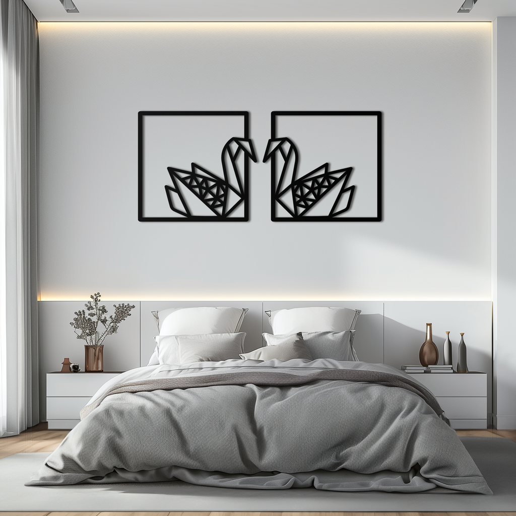 Origami Swan Couple Metal Wall Art – Geometric Mirrored Swan Design for Modern Interiors- KAF581