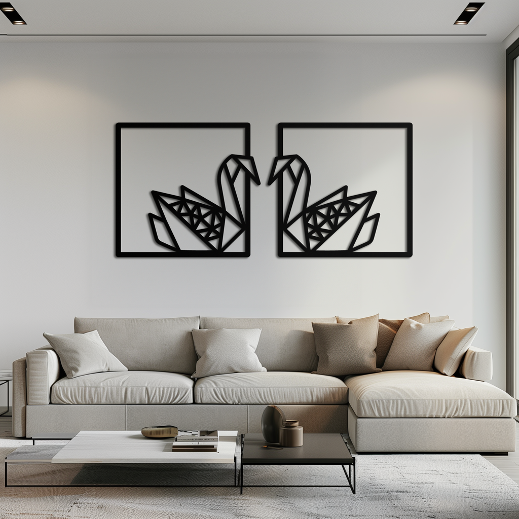Origami Swan Couple Metal Wall Art – Geometric Mirrored Swan Design for Modern Interiors- KAF581