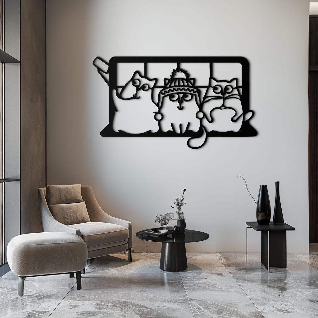 Cozy Window Cats Metal Wall Art – Cute Cartoon Trio Design for Pet Lovers- KAF582