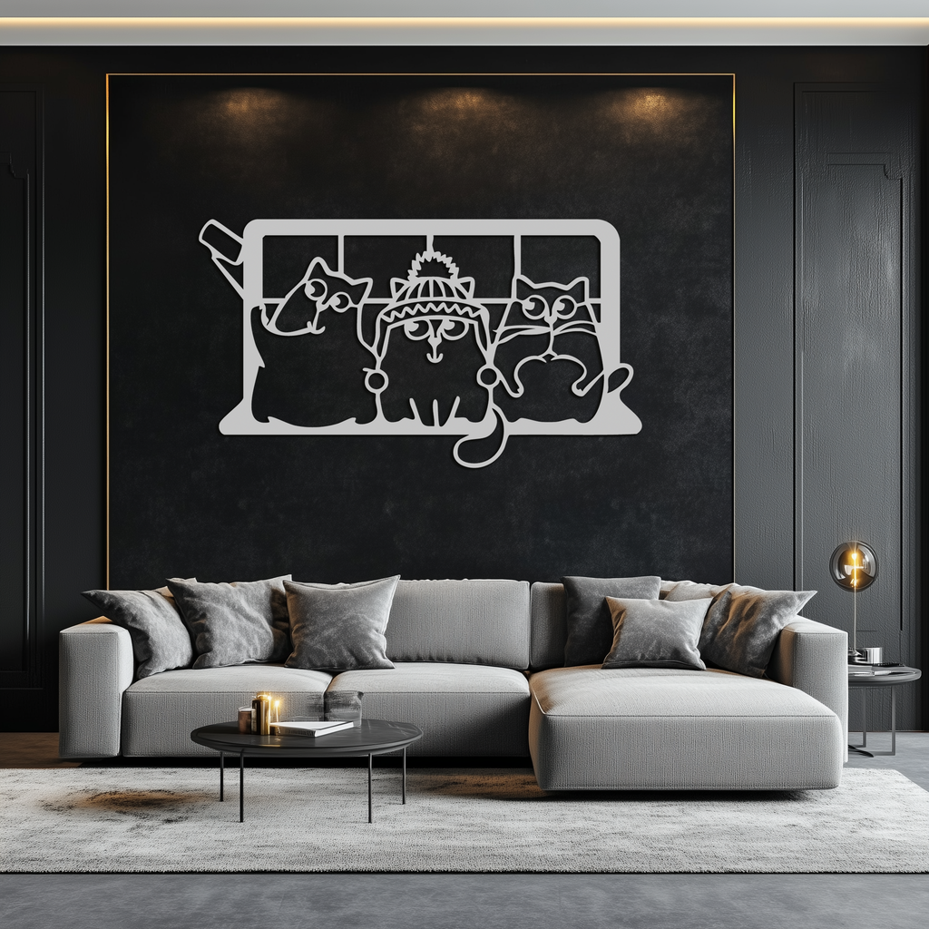 Cozy Window Cats Metal Wall Art – Cute Cartoon Trio Design for Pet Lovers- KAF582
