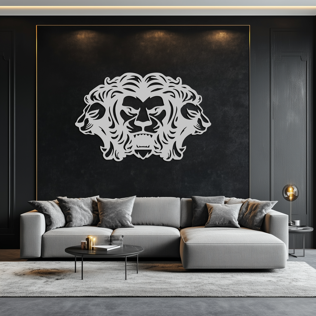 Three-Headed Lion Metal Wall Art – Fierce Tribal Lion Head Wall Decor- KAF589