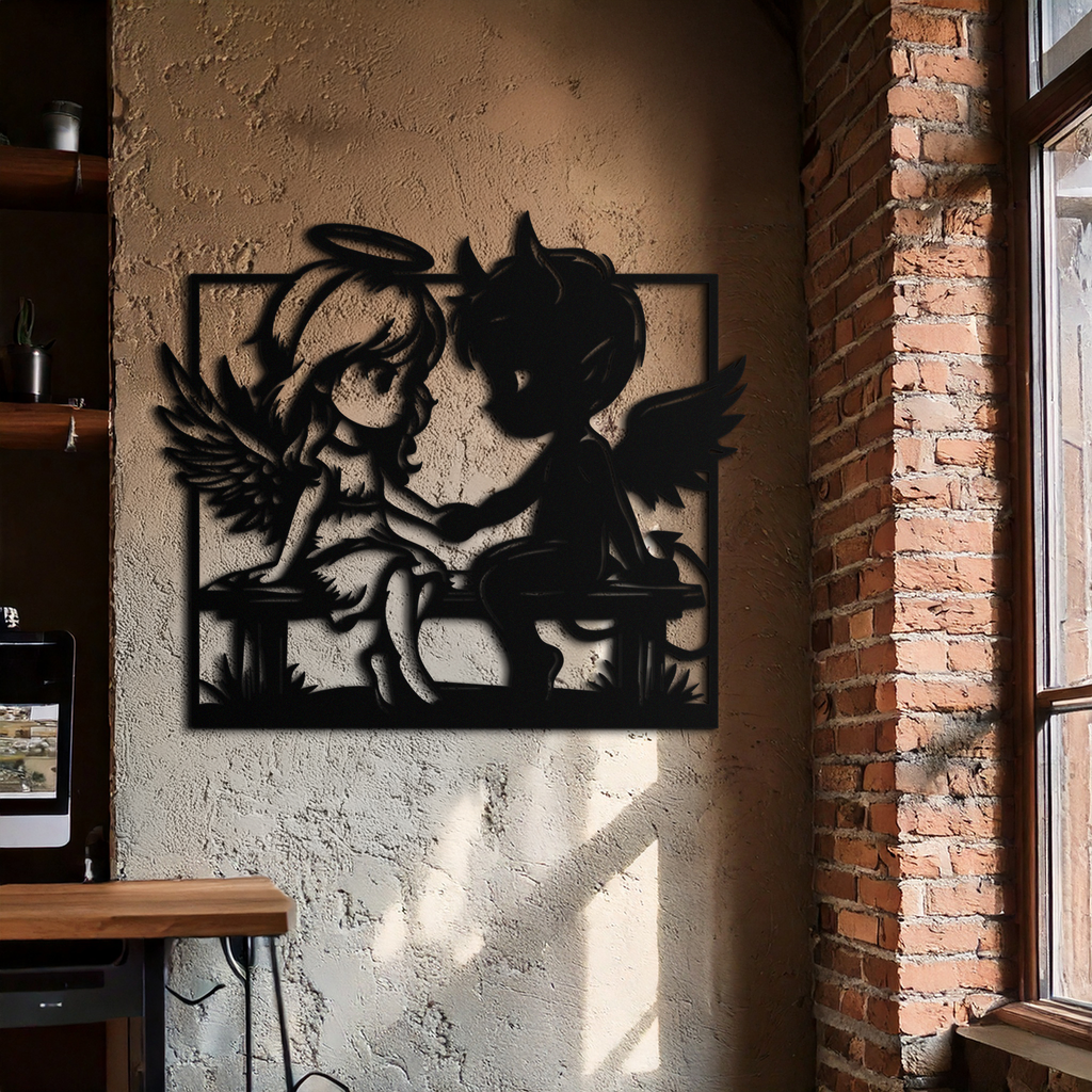 Angel and Devil Holding Hands Metal Wall Art – Whimsical Love Contrast Silhouette- KAF591