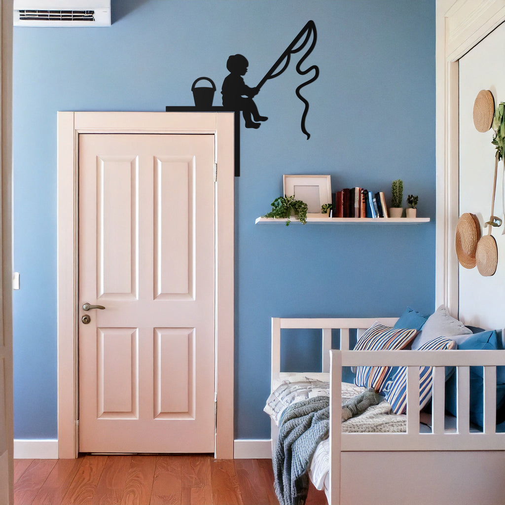 Child Fishing Corner Metal Wall Art – Playful Kids Silhouette Door Corner Decor-KAF610