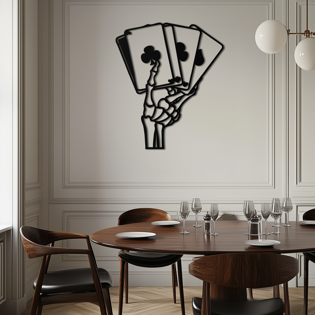 Skeleton Hand Holding Playing Cards Metal Wall Art – Gothic Poker Room Decor-KAF614