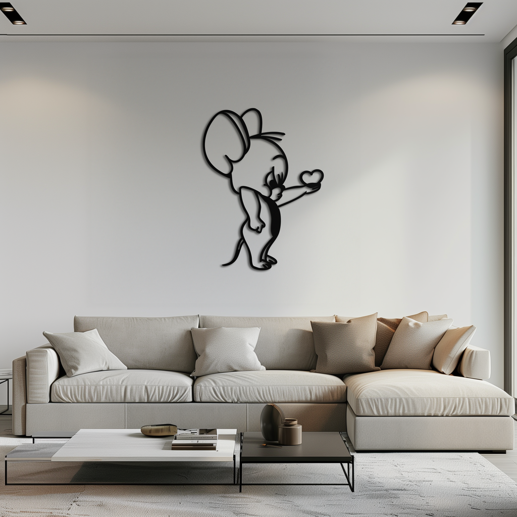 Jerry Holding Heart Metal Wall Art – Cute Cartoon Mouse Silhouette Decor-KAF615