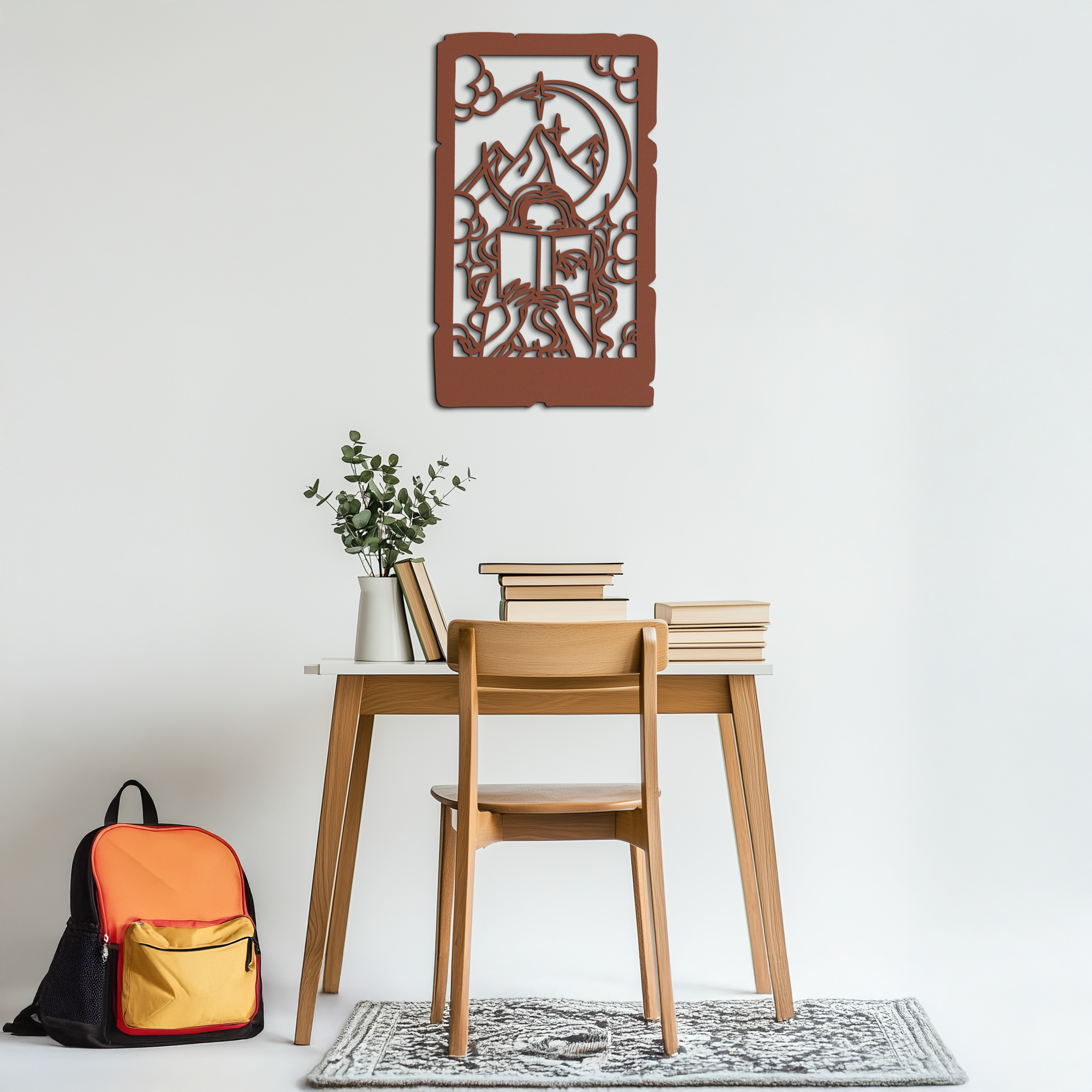 Reading Lady Metal Wall Art – Book Lover Silhouette with Moon and Mountains-KAF616