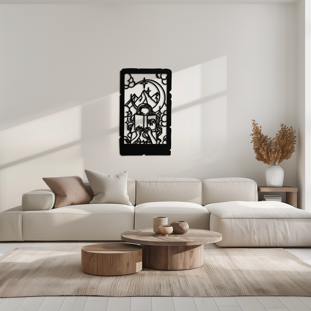 Reading Lady Metal Wall Art – Book Lover Silhouette with Moon and Mountains-KAF616