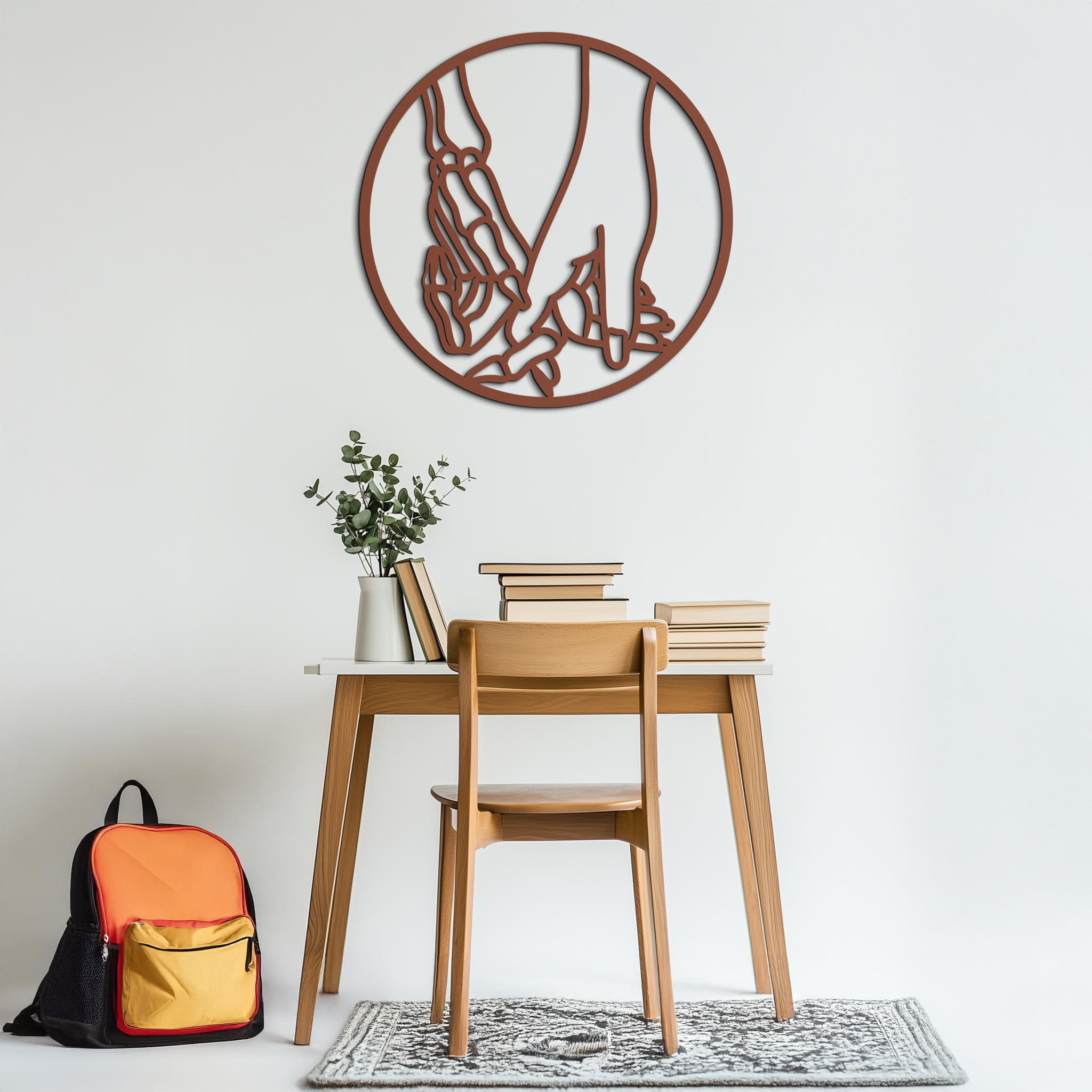 Skeleton and Human Hand Holding – Round Metal Wall Art- KAF628
