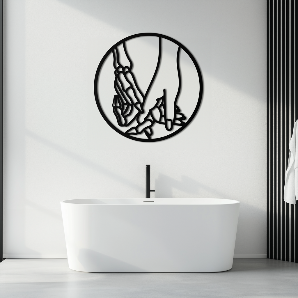 Skeleton and Human Hand Holding – Round Metal Wall Art- KAF628