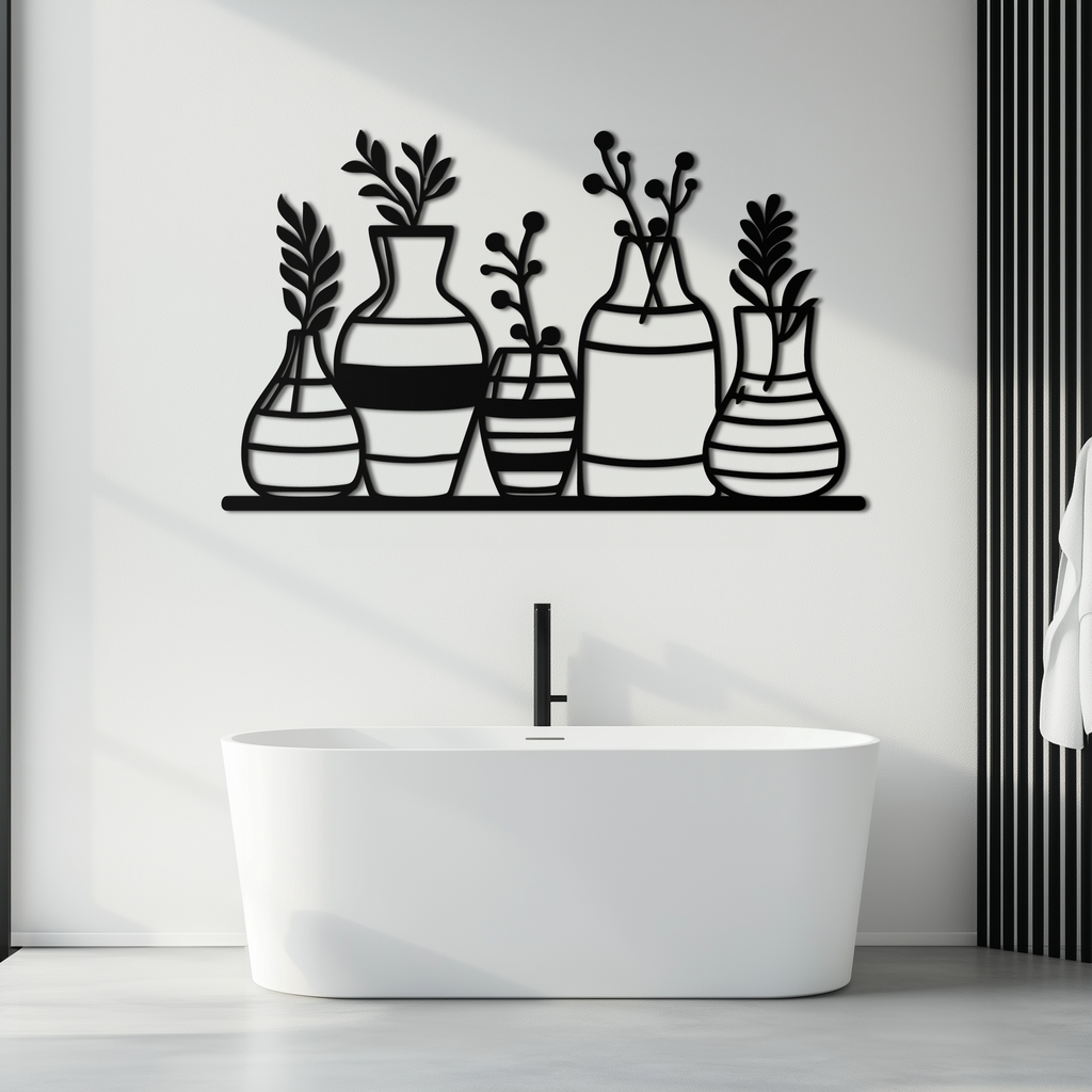 Modern Minimalist Vase Silhouette Metal Wall Art – Geometric Botanical Decor for Living Spaces- KAF631