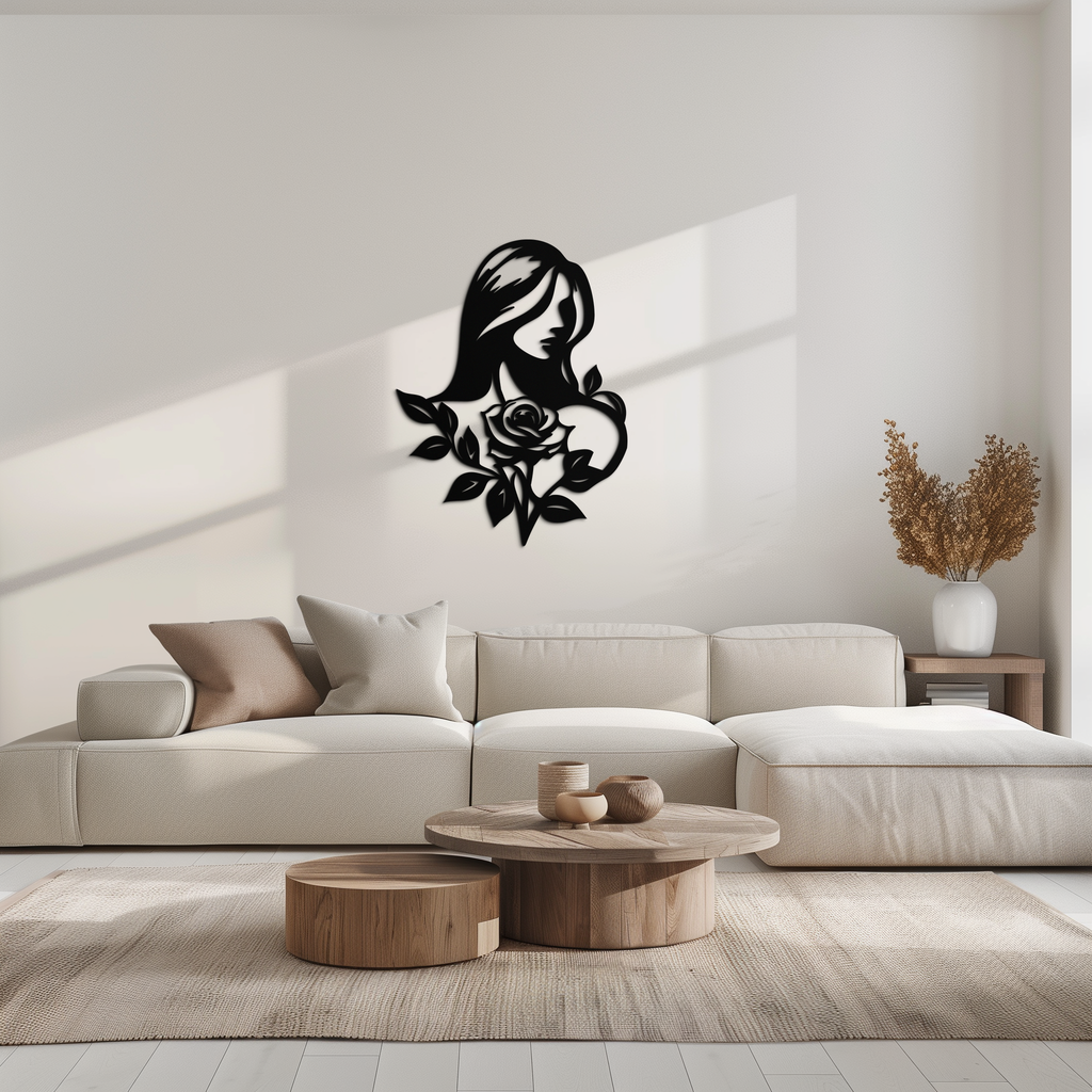 Woman and Rose Silhouette Metal Wall Art – Floral Line Art Metal Decor- KAF633