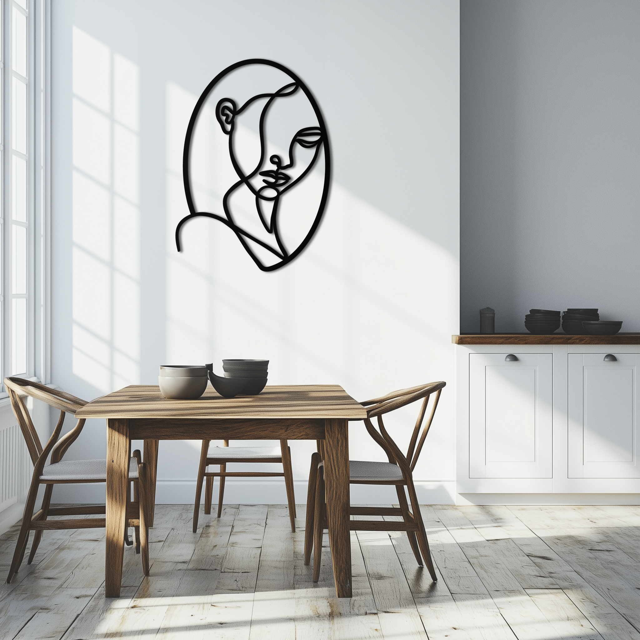 Abstract Woman Face Line Art – Minimalist Metal Wall Decor in Oval Frame- KAF635