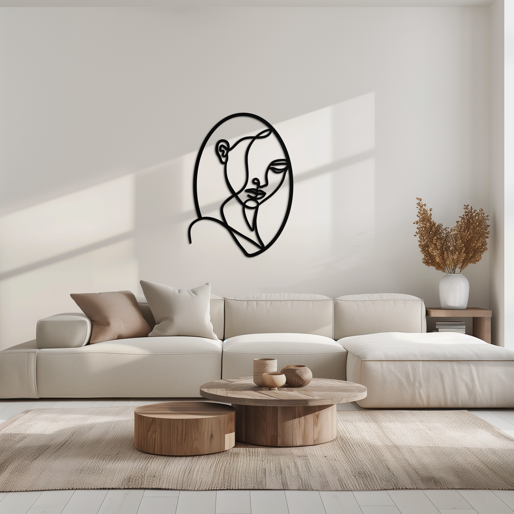 Abstract Woman Face Line Art – Minimalist Metal Wall Decor in Oval Frame- KAF635