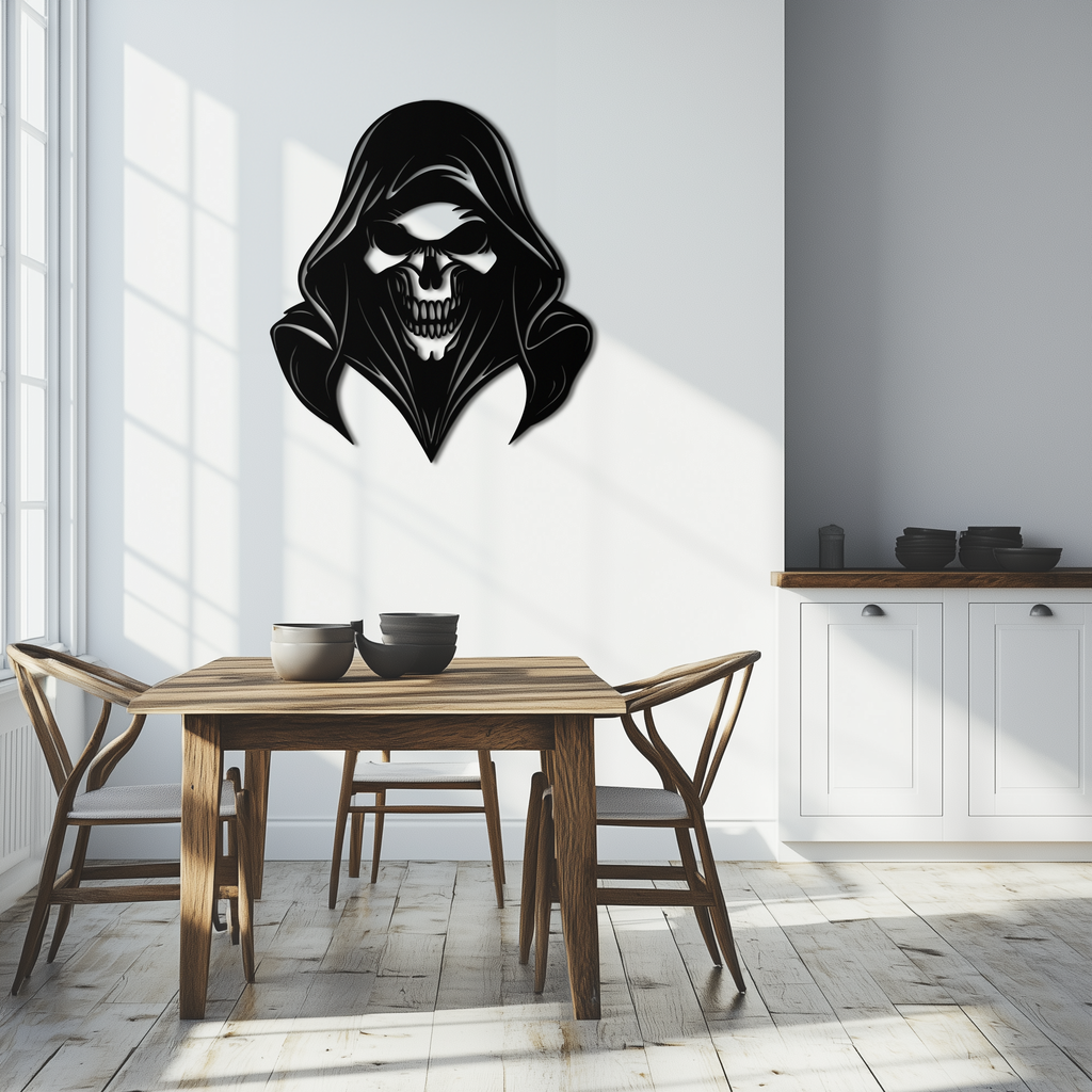 Grim Reaper Hooded Skull Metal Wall Art – Dark Gothic Horror Silhouette Design- KAF637