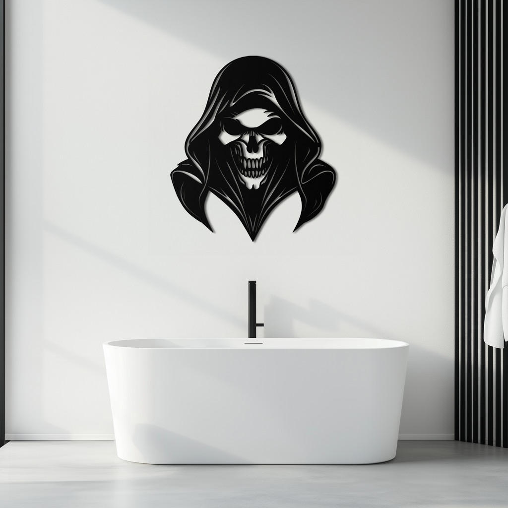 Grim Reaper Hooded Skull Metal Wall Art – Dark Gothic Horror Silhouette Design- KAF637